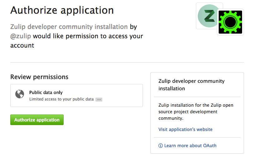 Zulip log in GitHub Request Permission