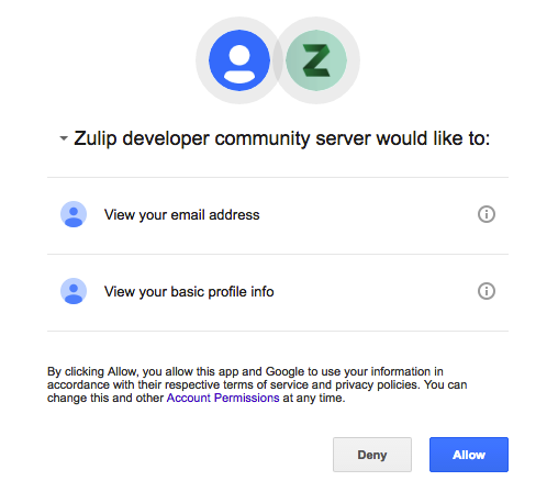 Zulip log in Google Request Permission